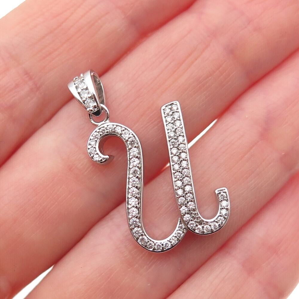 925 Sterling Silver Round-Cut C Z Letter U initial Charm Pendant